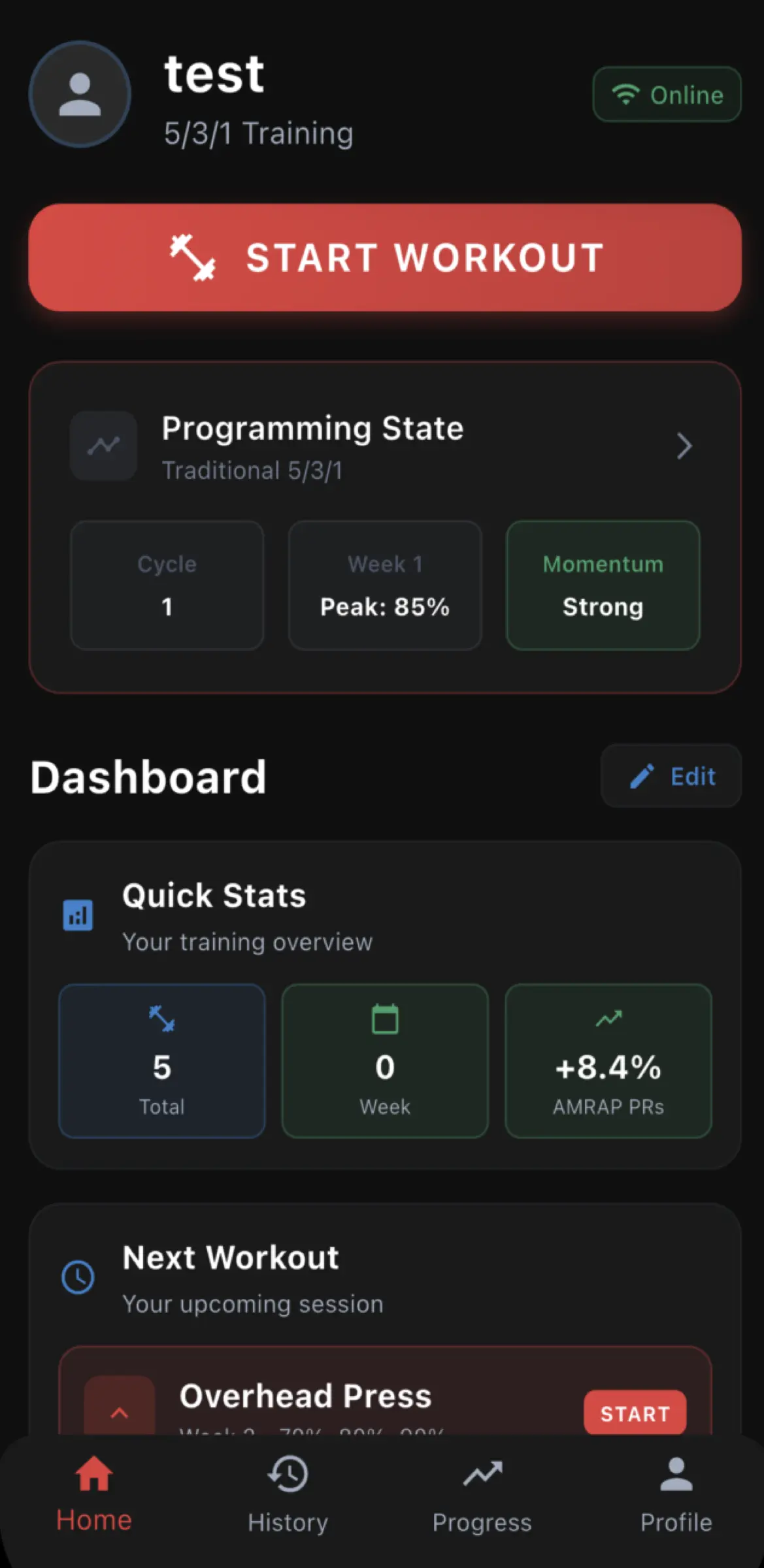 Rep Genius App Dashboard showing training max and workout progress