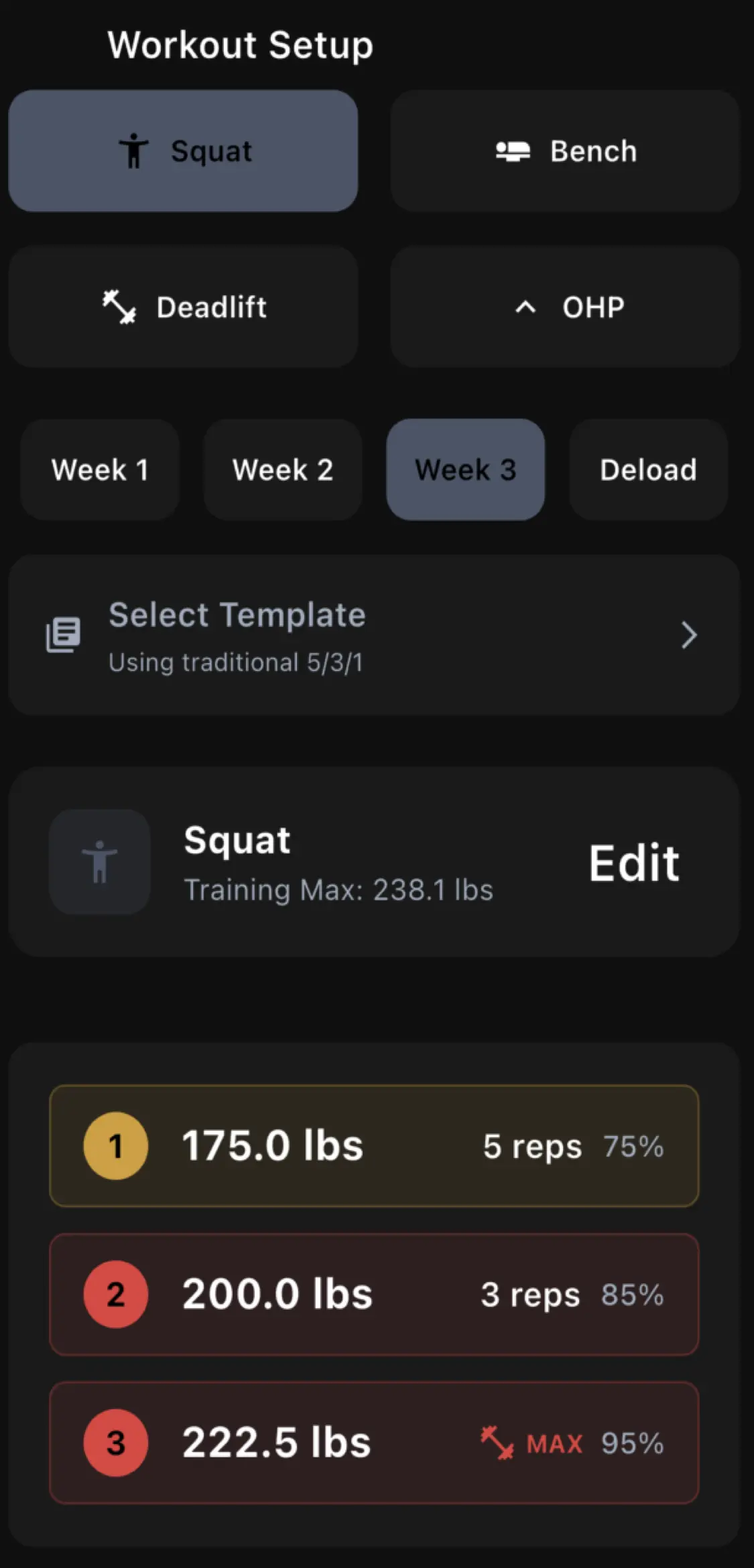 Rep Genius Workout Session - 5/3/1 training with plate calculator